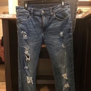 Distressed skinny jeans.